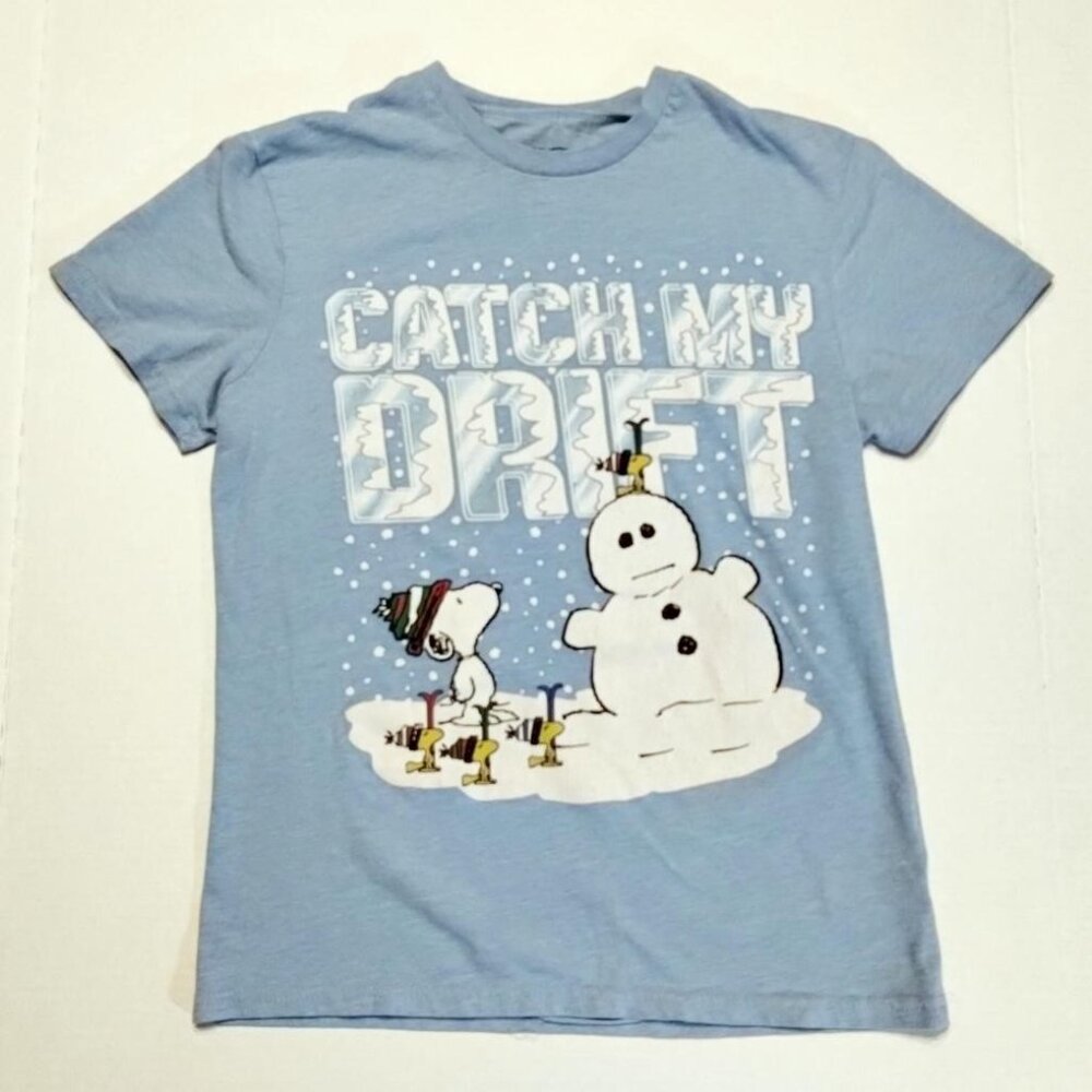 S Peanuts Catch My Drift Light Blue Graphic T-shirt Snoopy Woodstock (Flaw: Hem)